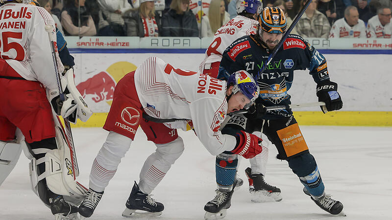 2024-03-02, Austria, Salzburg, EisArena Volksgarten, Sport, Eishockey, Red Bull Salzburg vs Steinbach Black Wings Linz, Foto (c) Hannes Draxler, im Bild: Steinbach Black Wings Linz #27 ST-AMANT Shawn; EC Red Bull Salzburg #02 Tyler James LEWINGTON