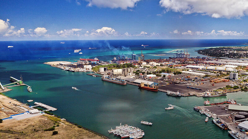Aerial view of the port on the waterfront of PORT LOUIS, Mauritius, Africa