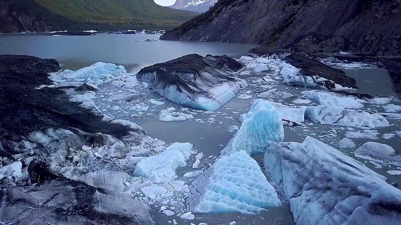 An aerial view shows the terminus of the Valdez Glacier in Alaska