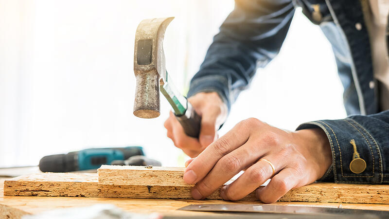 Carpenter working carefully looking at the plans work in carpent