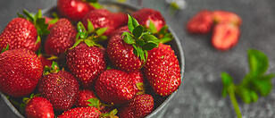 Strawberries in grey bowl. Fresh strawberries. Beautiful strawberries.