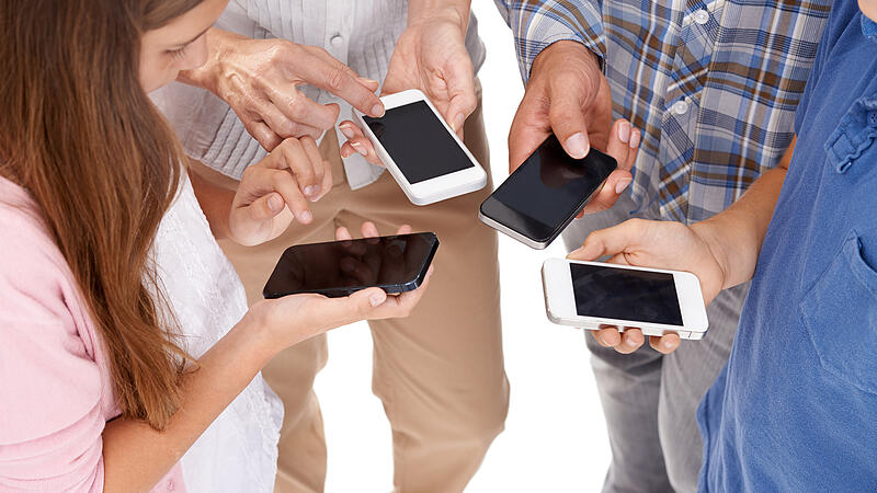 Family, networking and phone mockup with circle for social media, connectivity or communication on a white studio background. Group of people, child or kid on mobile smartphone for sync or connection